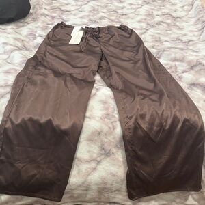 Brown Wide-Leg Satin Pants